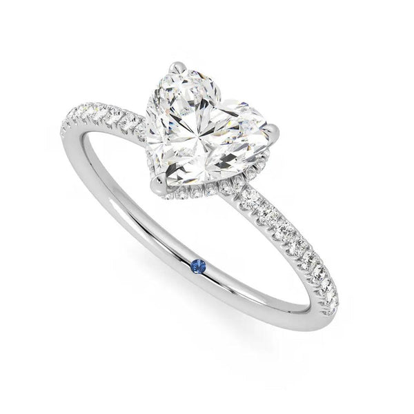 Heart Shaped Moissanite Engagement Ring with Hidden Halo and Anniversary Stone Accent