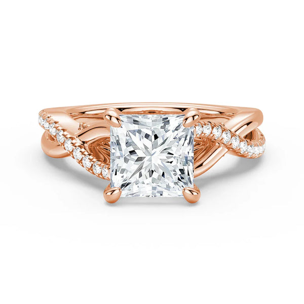 Princess Cut Moissanite Twisted Band Engagement Ring with Hidden Accents