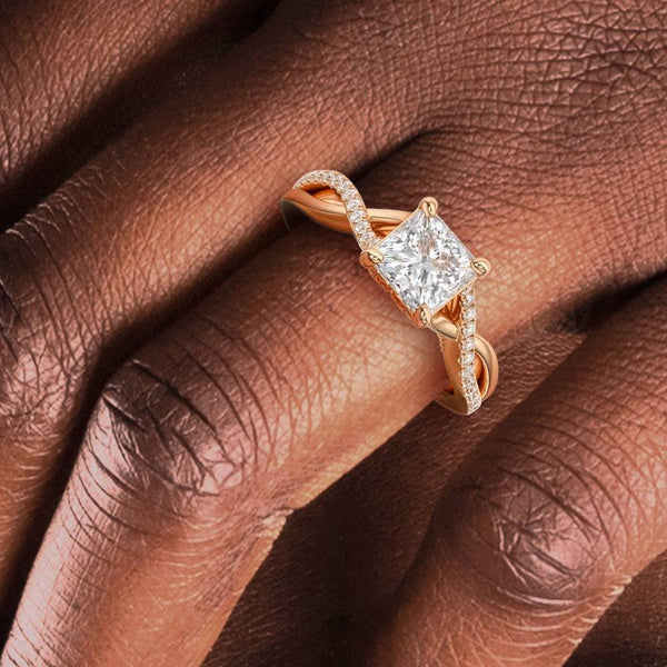 Princess Cut Moissanite Twisted Band Engagement Ring with Hidden Accents