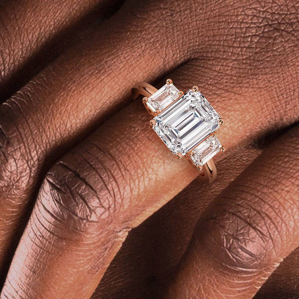 Hidden Halo Emerald Cut Three Stone Moissanite Engagement Ring