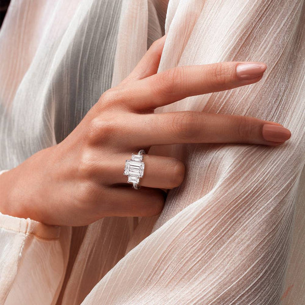 Hidden Halo Emerald Cut Three Stone Moissanite Engagement Ring