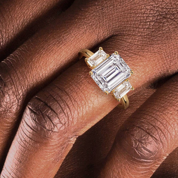 Hidden Halo Emerald Cut Three Stone Moissanite Engagement Ring
