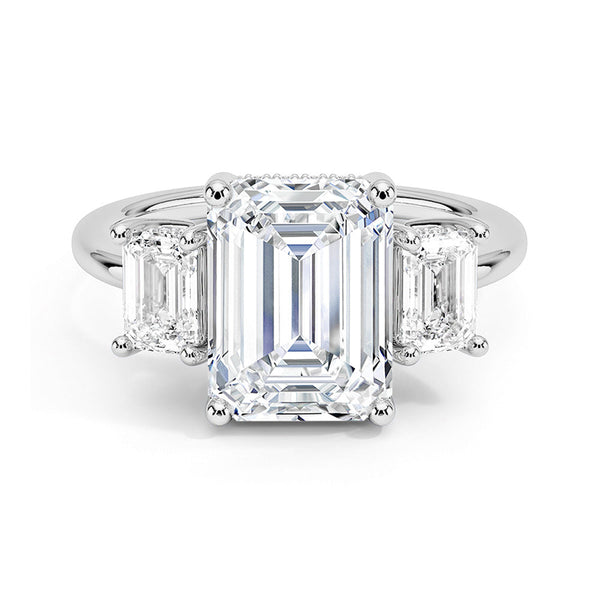 Hidden Halo Emerald Cut Three Stone Moissanite Engagement Ring
