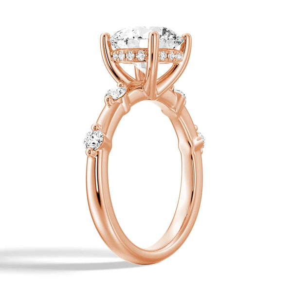 Round Cut Moissanite Ring with Diamond Spaced Band and Hidden Halo