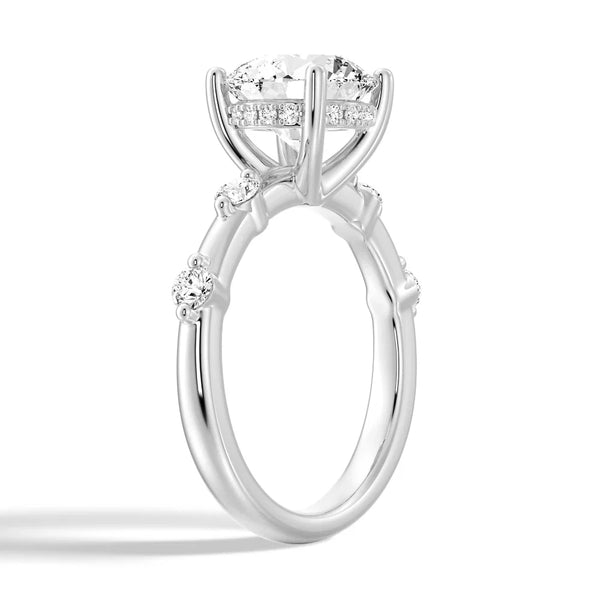 Round Cut Moissanite Ring with Diamond Spaced Band and Hidden Halo