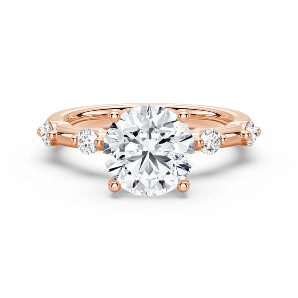 Round Cut Moissanite Ring with Diamond Spaced Band and Hidden Halo