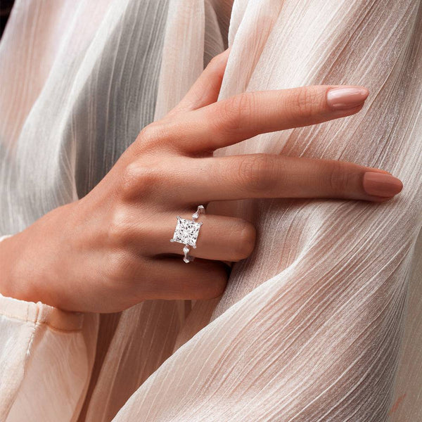 Princess Cut Moissanite Ring with Diamond Spaced Band and Hidden Halo