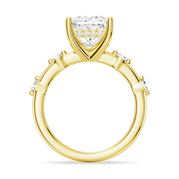 Princess Cut Moissanite Ring with Diamond Spaced Band and Hidden Halo