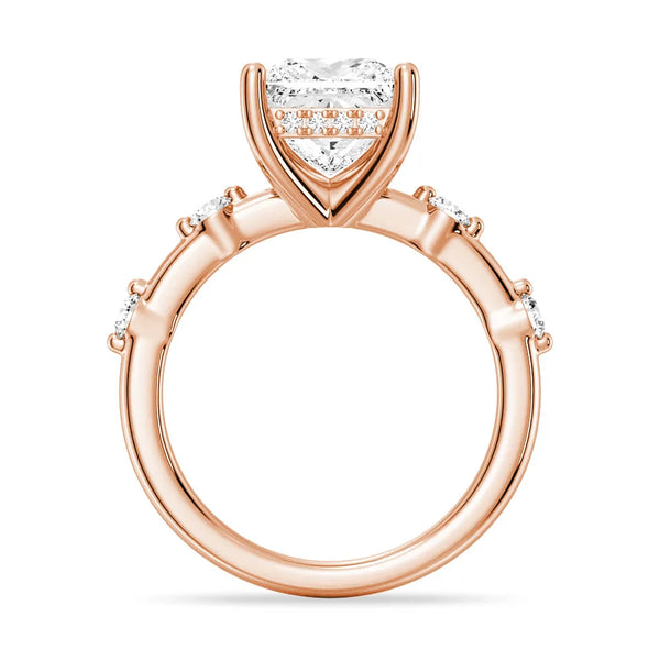 Princess Cut Moissanite Ring with Diamond Spaced Band and Hidden Halo