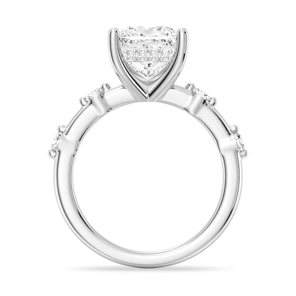 Princess Cut Moissanite Ring with Diamond Spaced Band and Hidden Halo