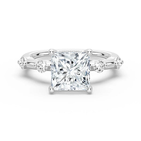 Princess Cut Moissanite Ring with Diamond Spaced Band and Hidden Halo