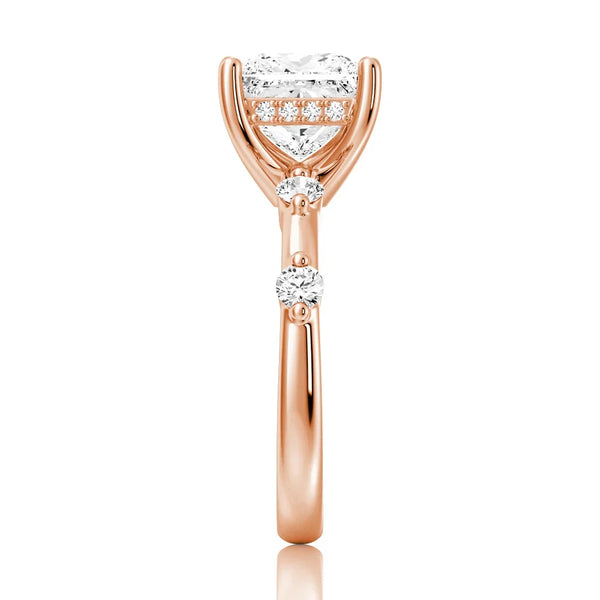 Princess Cut Moissanite Ring with Diamond Spaced Band and Hidden Halo