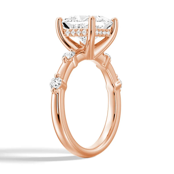 Princess Cut Moissanite Ring with Diamond Spaced Band and Hidden Halo