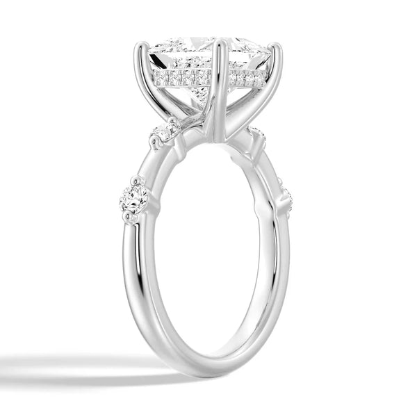 Princess Cut Moissanite Ring with Diamond Spaced Band and Hidden Halo