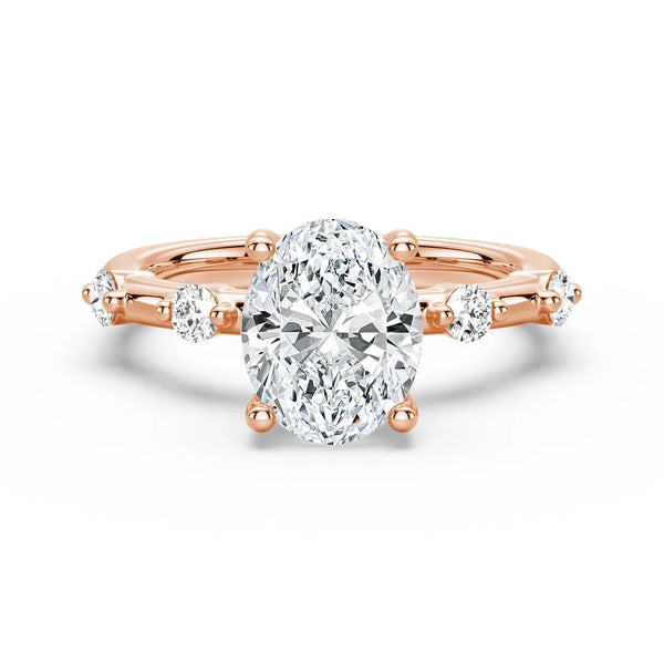 Oval Cut Moissanite Ring with Diamond Spaced Band and Hidden Halo