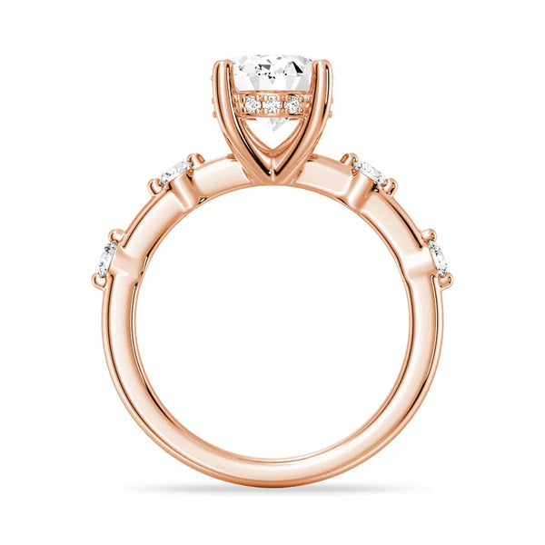 Oval Cut Moissanite Ring with Diamond Spaced Band and Hidden Halo