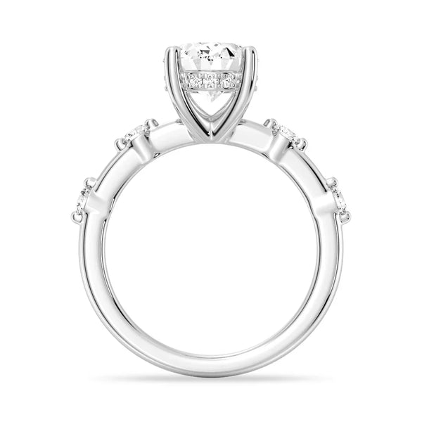 Oval Cut Moissanite Ring with Diamond Spaced Band and Hidden Halo