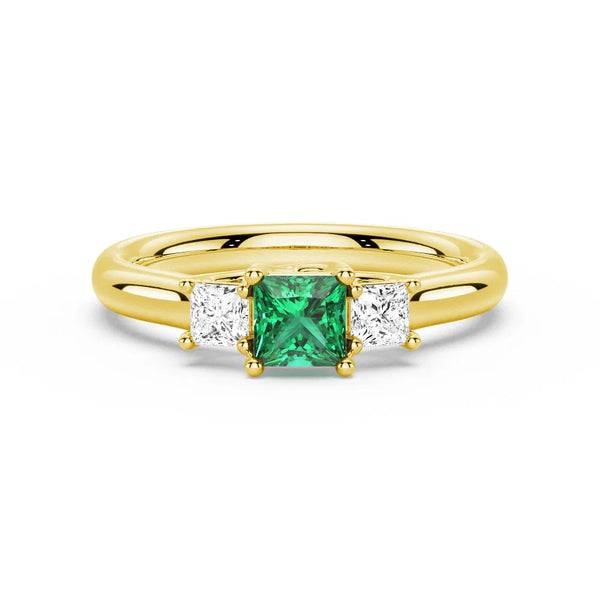 Lab Grown Emerald and Princess Cut Diamond Three Stone Ring