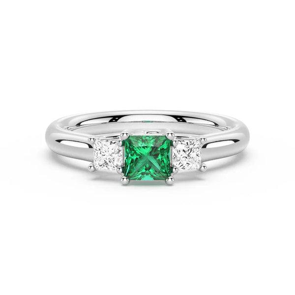 Lab Grown Emerald and Princess Cut Diamond Three Stone Ring