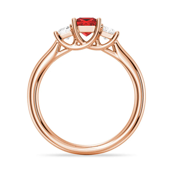 Lab Grown Ruby and Princess Cut Diamond Three Stone Ring
