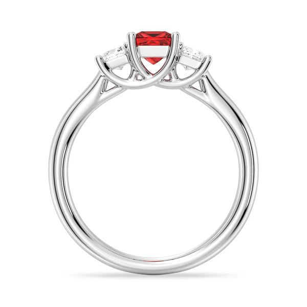 Lab Grown Ruby and Princess Cut Diamond Three Stone Ring