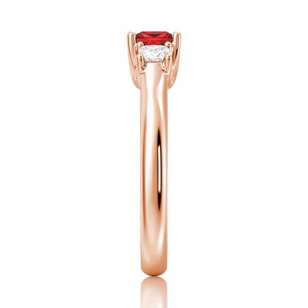 Lab Grown Ruby and Princess Cut Diamond Three Stone Ring