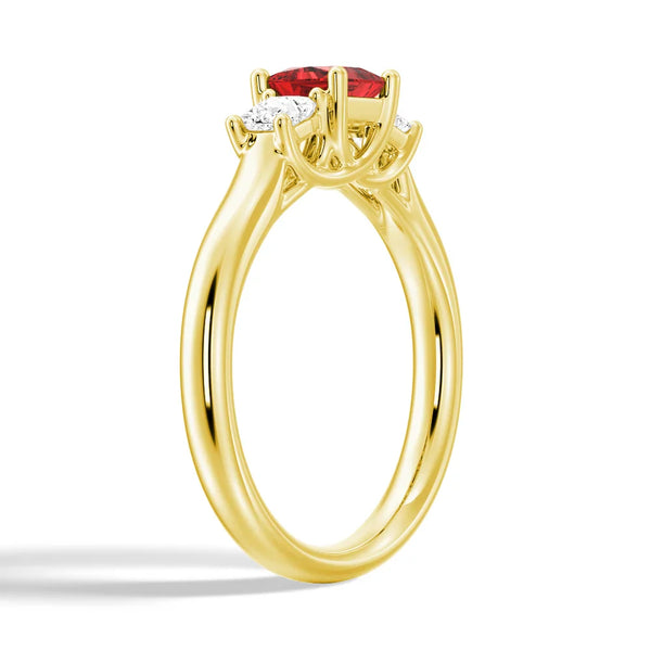 Lab Grown Ruby and Princess Cut Diamond Three Stone Ring