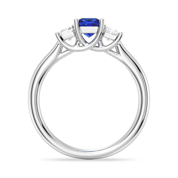 Lab Grown Sapphire and Princess Cut Diamond Three Stone Ring