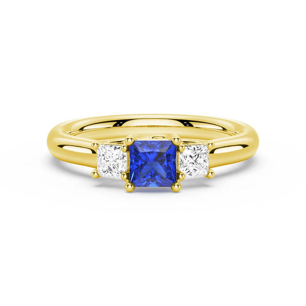Lab Grown Sapphire and Princess Cut Diamond Three Stone Ring