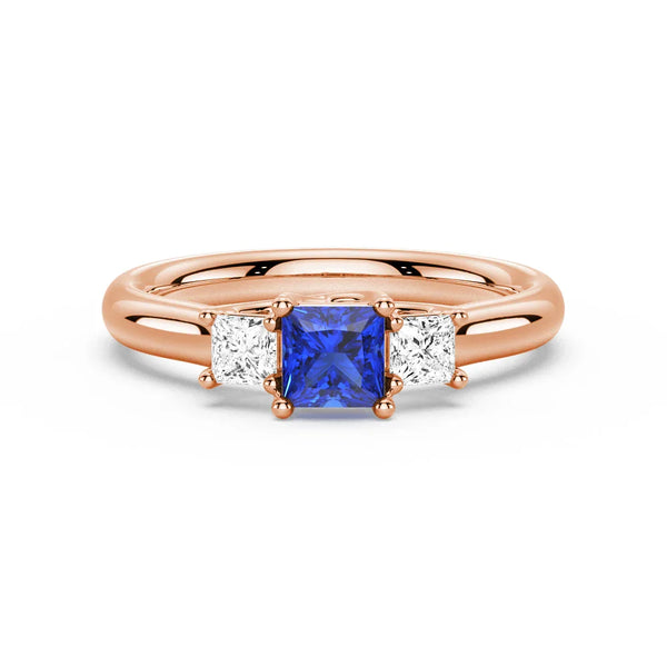 Lab Grown Sapphire and Princess Cut Diamond Three Stone Ring