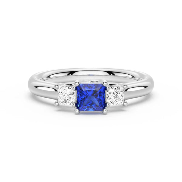 Lab Grown Sapphire and Princess Cut Diamond Three Stone Ring