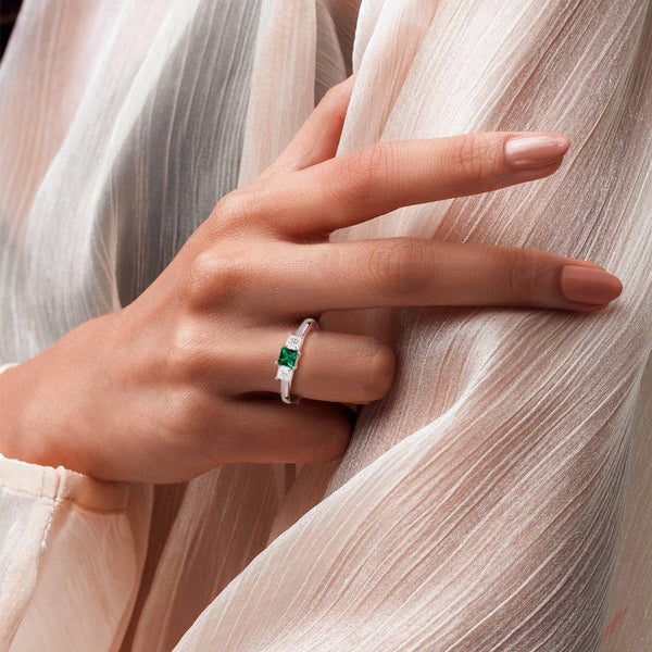 Lab Grown Emerald and Princess Cut Diamond Three Stone Ring