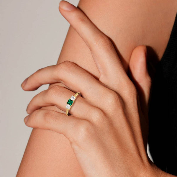 Lab Grown Emerald and Princess Cut Diamond Three Stone Ring
