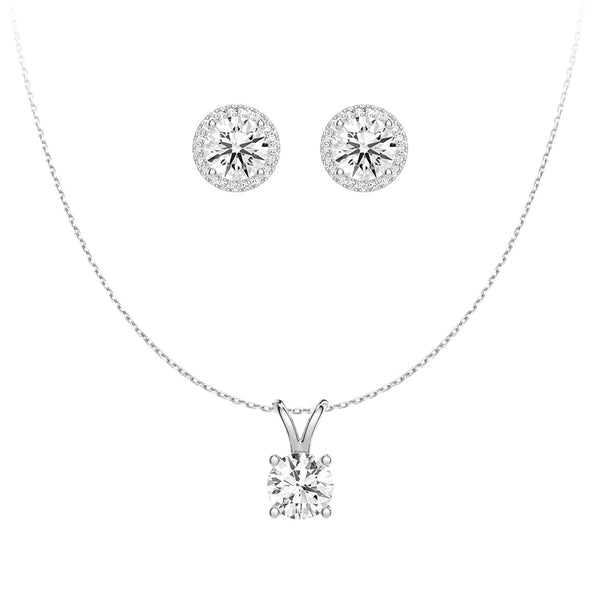 Round Moissanite Solitaire V Bale Pendant With Pavé Halo Stud Earrings