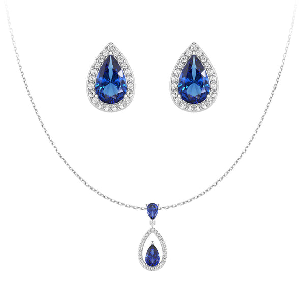Blue Sapphire Drop Pendant And Halo Stud Earrings Set