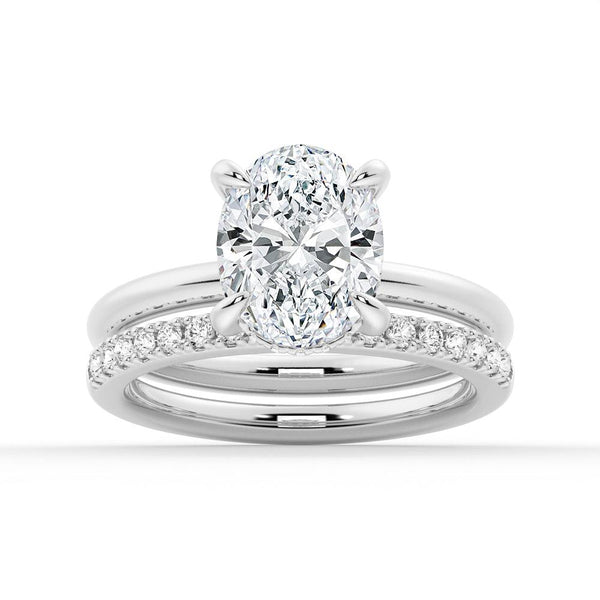 Oval Solitaire Hidden Halo Moissanite Ring Set with Matching Stacking Band