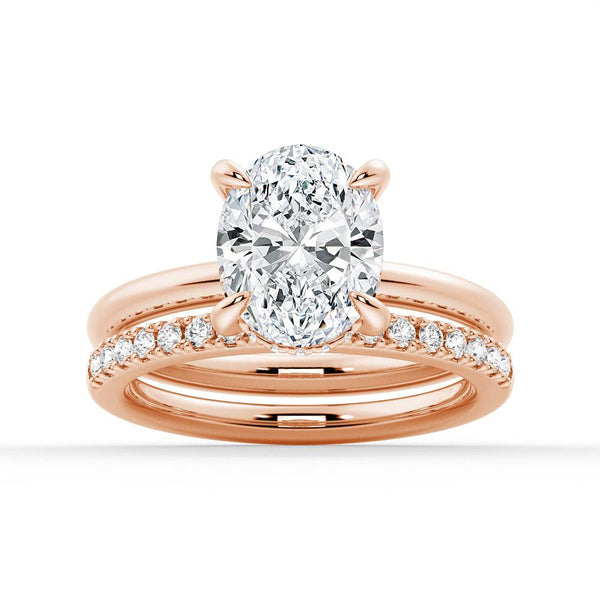 Oval Solitaire Hidden Halo Moissanite Ring Set with Matching Wedding Band
