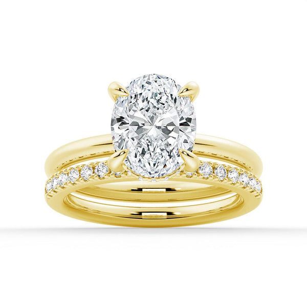 Oval Solitaire Hidden Halo Moissanite Ring Set with Matching Stacking Band