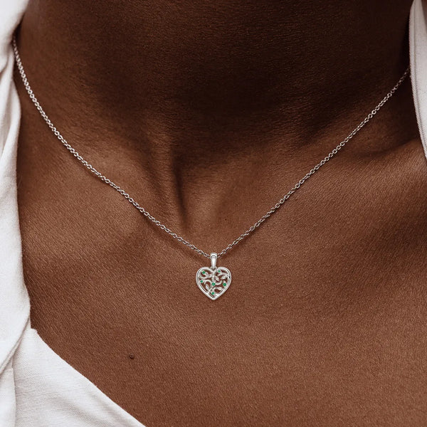 Asymmetrical Vine Motif Lab Grown Emerald Heart Necklace