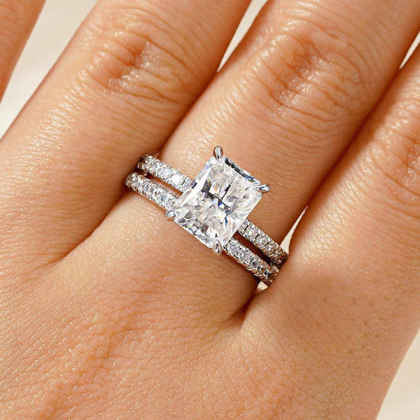 Solitaire Radiant Cut Moissanite Ring Set with Matching Wedding Band