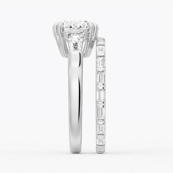 Round Cut Moissanite Engagement Ring with Tapered Baguette Side Stones