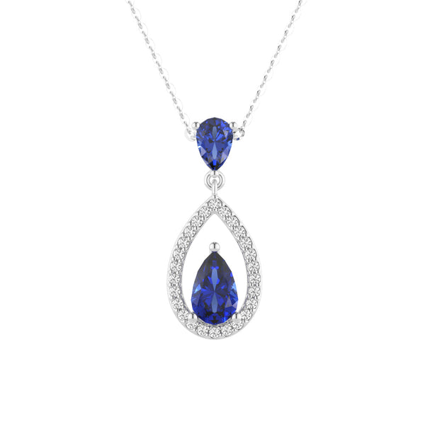 Blue Sapphire Drop Pendant And Halo Stud Earrings Set