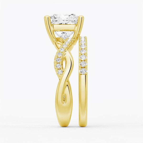 Twist Band Princess Cut Moissanite Couple's Ring Set with Men's Wedding Band