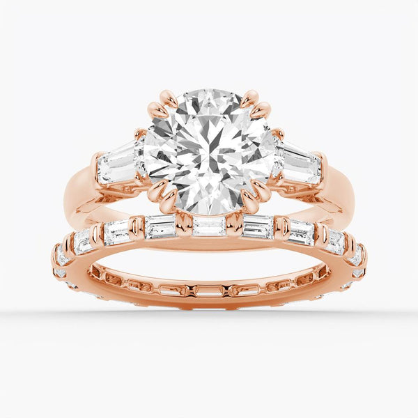 Round Cut Moissanite Engagement Ring with Tapered Baguette Side Stones