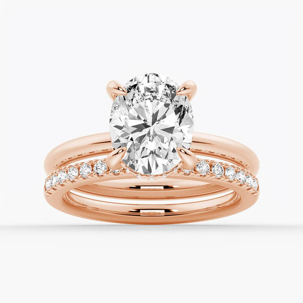 Oval Solitaire Hidden Halo Moissanite Ring Set with Matching Wedding Band
