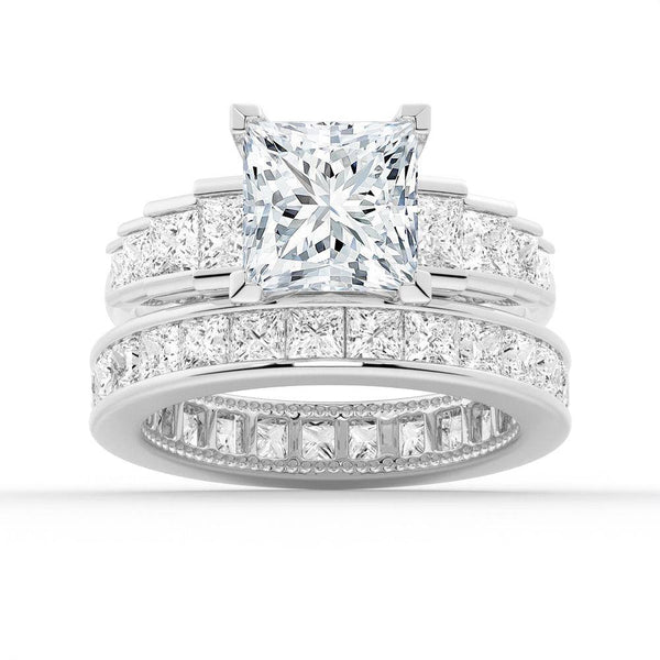 Unique Cinderella Staircase Princess Cut Moissanite Couple's Ring Set with Men's Wedding Band