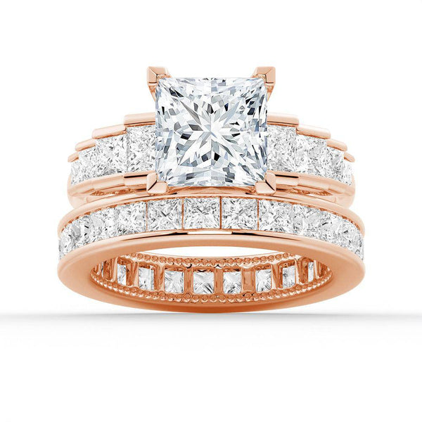 Unique Cinderella Staircase Princess Cut Moissanite Ring Set with Matching Wedding Band