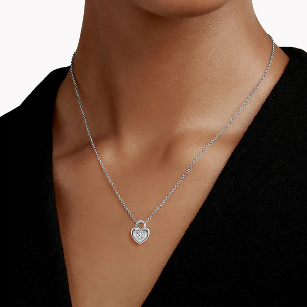 Love Lock Heart Solitaire Moissanite Pendant Necklace
