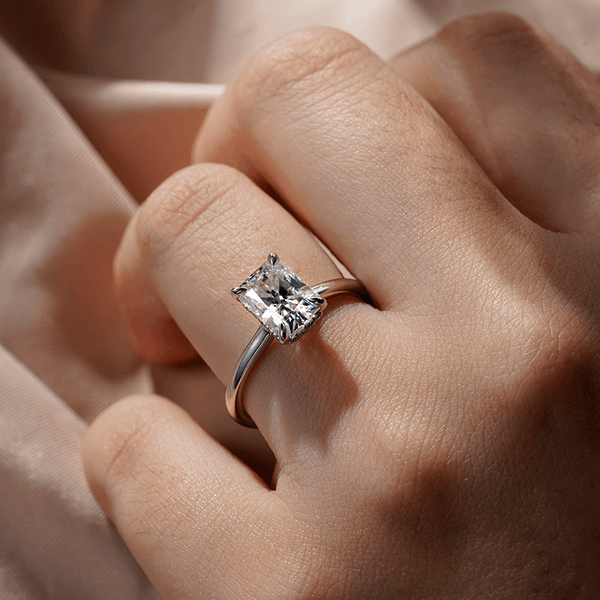 Four Prong Radiant Solitaire Moissanite Engagement Ring With Hidden Halo