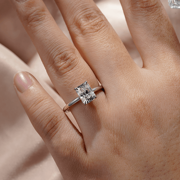 Four Prong Radiant Solitaire Moissanite Engagement Ring With Hidden Halo
